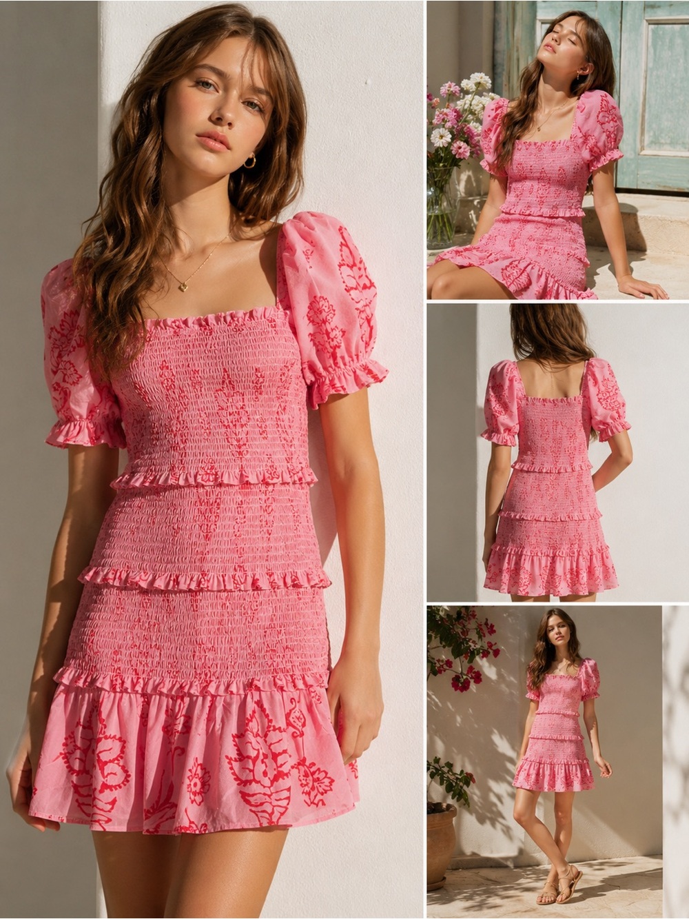 J.Marie Girls Smocked Tiered Dress Pink Floral Print Size 14 Puff Sleeve NWT